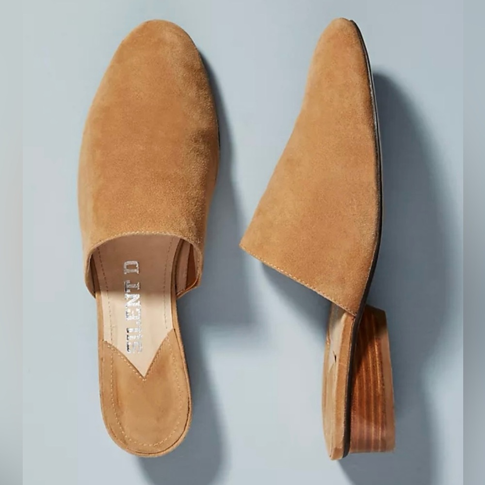 NWT, Anthropologie, Silent D Anoup Tan Suede Slide Mules, wooden 1.5” heel, SZ 9